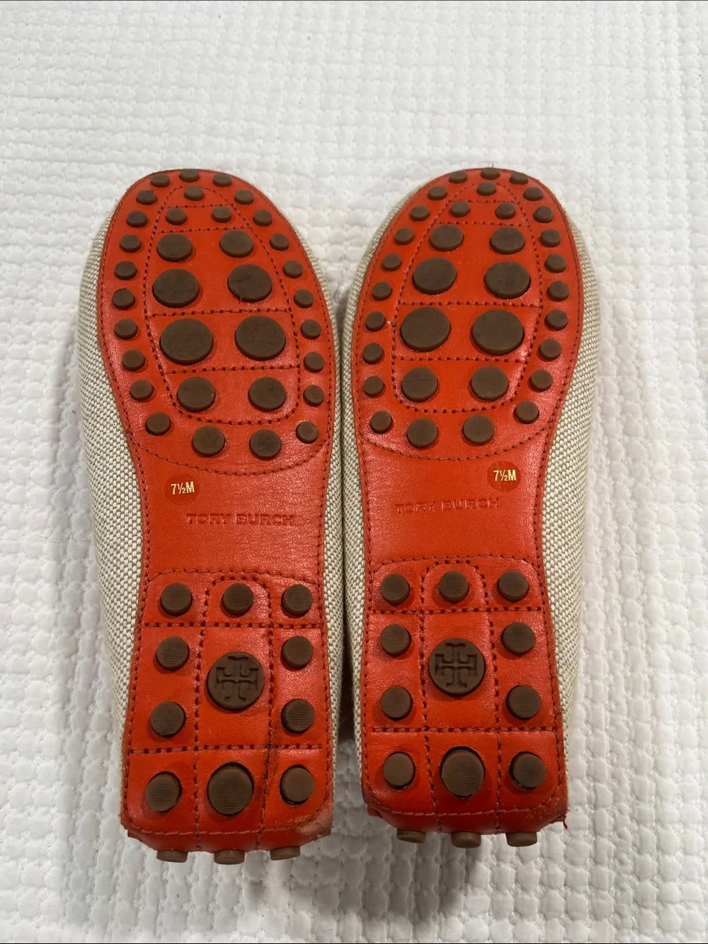 Tory‎ Burch Casey loafers featuring beige canvas with orange leather trim 7.5